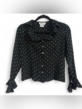Tess Silk Petite Black & White Polka Dot Silk Blouse Ruffle Collar Button Front